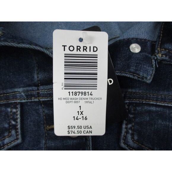 Torrid Denim Trucker Jacket 1 Blue Jean Dark Distress Wash Stretch 1X 14 16 NEW - Picture 6 of 15